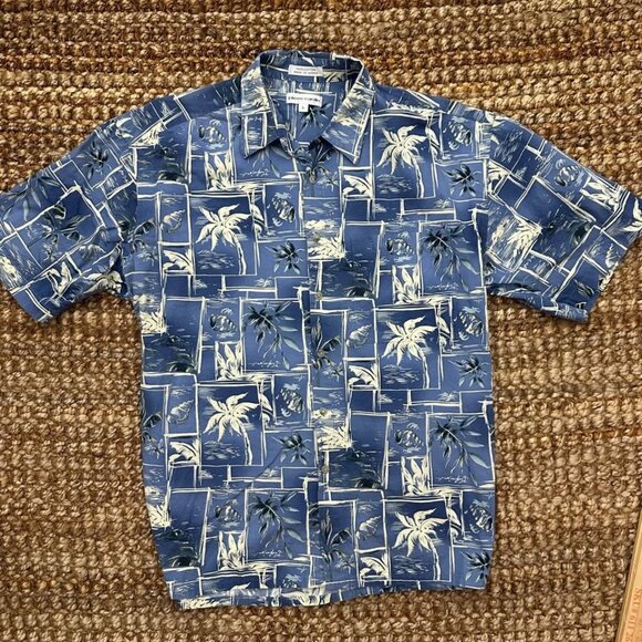 Pierre Cardin Luau Hawaiian Camp Shirt Short Sleeve Blue Sea Shells (Large) Vint - Picture 3 of 8